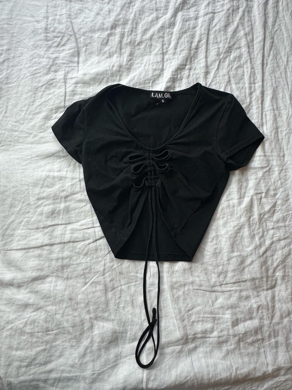 I.AM.GIA Black Cinched Front Crop Tee